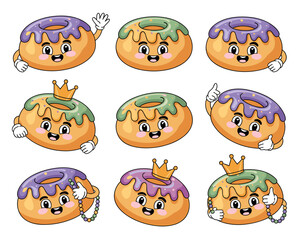 Cheerful collection of cute cartoon king cake and sugar donut characters posing happily in a retro mascot illustration style, celebrating Mardi Gras Carnival festivity with purple and green icing, gol