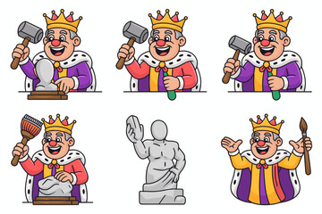Joyful cartoon king monarch character set illustrating the sculpture and creation process, carving a stone statue with a mallet and chisel, representing artistic pursuit, creative leadership, craftsma