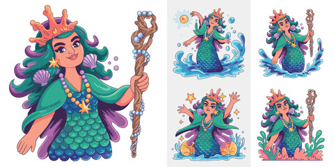 Mysterious mermaid queen ruler holding a magical pearl staff and wearing a coral crown, depicted in a colorful fantasy vector illustration sticker set with various poses and water splashes, ideal for
