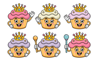 Adorable sweet royal princess cupcake characters set smiling and waving with majestic golden crowns and scepters, a cheerful vector illustration of delicious bakery desserts for kids parties, confecti