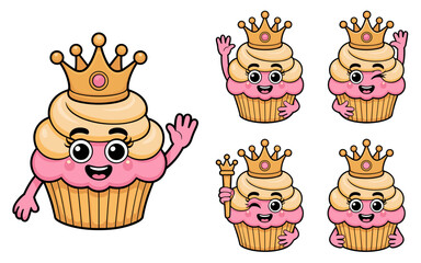 Adorable princess cupcake mascot character set featuring five sweet baked goods illustrations with golden crowns, happy smiling faces, winking, and waving arms, perfect for children's birthday party i