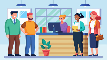 A group of people are standing in a room, with one woman holding a briefcase. Scene is casual and friendly, as the people are gathered together and smiling