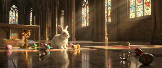 White rabbit in a cathedral with colorful eggs on the floor
