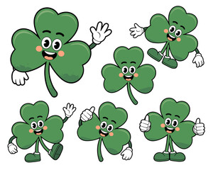 Obraz premium Cheerful retro cartoon shamrock mascots set vector illustration featuring happy three-leaf clovers with smiling faces, hands, and legs waving and giving thumbs up gestures, perfect graphic elements fo