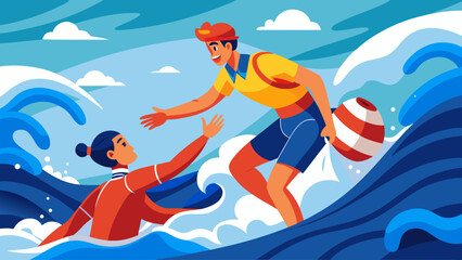 A man and a woman are in the water, with the man helping the woman. The man is wearing a yellow shirt and shorts