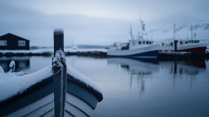 Winter Serenity: A snowy boat rests peacefully in the calm harbor waters, with other vessels and a quaint building visible in the serene, blurred backdrop on a cloudy winter day.