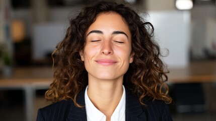 Woman in office, smiling, eyes closed, meditation pose.