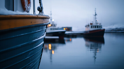 Close up of a boat hull in the harbor. Soft light reflecting in the water and other boats in the background. Calm harbor on a winter day, snow dusting the details. Moody maritime scene.