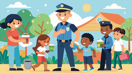 A group of children are standing around a police officer. The officer is smiling and holding a cup. The children are also smiling and holding cups. The scene is cheerful and friendly