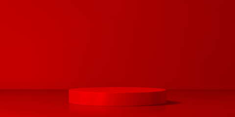 3d red podium stage for cosmetic product presentation. Realistic circular cylinder platform on red wall background. Round stage pedestal for award or ceremonial events, Chinese New Year celebration