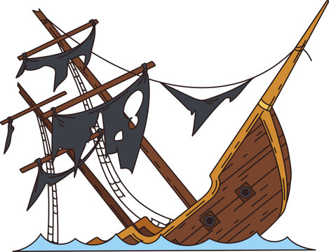 Cartoon pirate ship sinking in the ocean with torn black sails and broken mast. Wooden sunken vessel with skull flag and waves. Groovy vector shipwreck corsair adventure, sea danger and pirate history