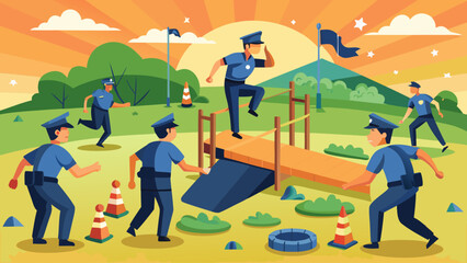 A group of police officers are running through a park. One of the officers is on a skateboard