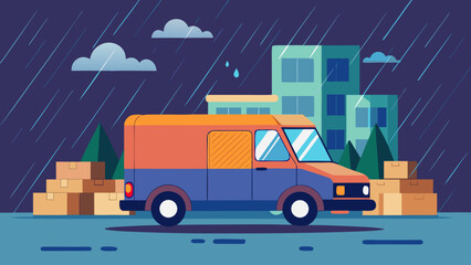 A blue and orange delivery truck is driving down a street in the rain. The scene is set in a city with tall buildings in the background