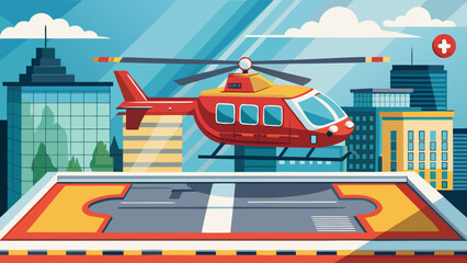 A red and yellow helicopter is flying over a city. The helicopter is on a landing pad, and there are buildings in the background. The scene is calm and peaceful