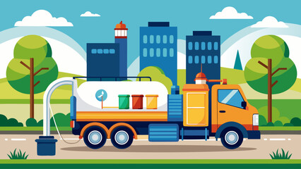 A large orange truck is driving down a road with a green forest in the background. The truck is carrying a large hose and is likely used for cleaning up the environment