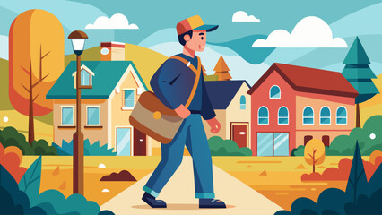 A man wearing a blue hat and blue jeans is walking down a street with a brown bag. The scene is set in a suburban area with houses and trees. The man is a mail carrier, as he is carrying a brown bag