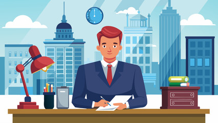 A man in a suit is sitting at a desk with a clock on the wall. He is writing on a piece of paper