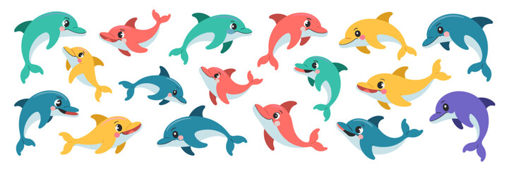A large, vibrant collection of cute cartoon dolphins and baby dolfins, aquatic mammals swimming playfully, featuring smiling faces; graphic vector illustration set for children's education, merchandis