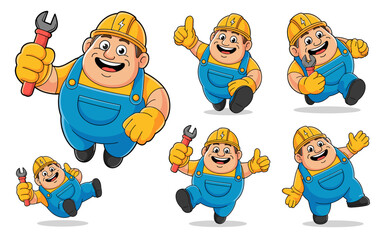 Collection of six happy and energetic vector cartoon character poses featuring a friendly tradesman or repairman mascot in blue overalls, yellow hard hat, and safety gloves, holding a wrench or giving