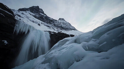 A breathtaking mountain range covered in fresh snow, where icy waterfalls and intricate icicles create a mesmerizing winter wonderland. The cold scenery evokes a sense of awe.