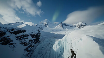 Majestic peaks rise amidst a snowy expanse, illuminated by the ethereal glow of the aurora borealis. Frozen waterfalls cascade down the landscape, creating an arctic spectacle.