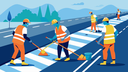 A group of construction workers are working on a road. The workers are wearing orange vests and hard hats