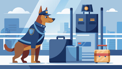 A police dog is standing in front of a luggage carousel. The dog is wearing a uniform and he is waiting for its owner. The luggage carousel is full of suitcases and bags