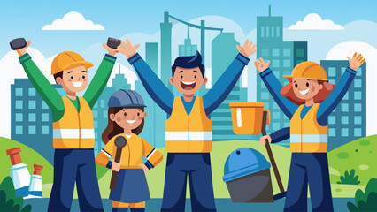 A group of construction workers are celebrating a job well done. They are all wearing safety vests and holding tools