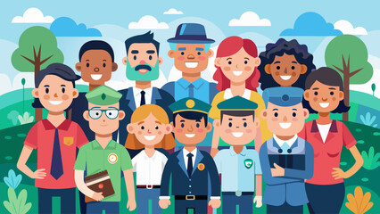 A group of people are smiling and posing for a picture. The people are dressed in various uniforms, including a police officer, a firefighter, and a teacher