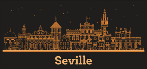 Outline Seville Spain City Skyline with orange Buildings. Illustration. Business Travel and Tourism Concept with Historic Architecture. Seville Cityscape with Landmarks.