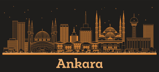 Outline Ankara Turkey City Skyline with orange Buildings. Illustration. Business Travel and Tourism Concept with Historic Architecture. Ankara Cityscape with Landmarks.