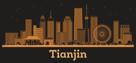 Outline Tianjin China City Skyline with orange Buildings. Illustration. Business Travel and Tourism Concept with Modern Architecture. Tianjin Cityscape with Landmarks.