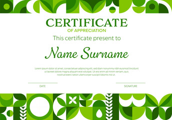 Ecology business certificate with geometric pattern. Vector modern diploma of appreciation template with green leaf patterns. Document layout for eco friendly or nature themed recognition events