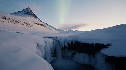 Snow-laden peak overlooks a frozen waterfall, draping cliffs with icicles. The scene conveys the serenity and rugged beauty of winter in a remote, untouched landscape.