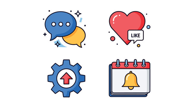 Colorful and cute social media interface icons for chat messages, likes, settings updates, and calendar notifications.