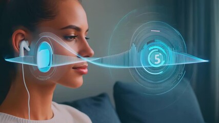 woman with earphones on couch enjoying immersive audio visualization, translucent blue waveform and soundpoints float around head, relaxed living room atmosphere with soft daylight and calm focus