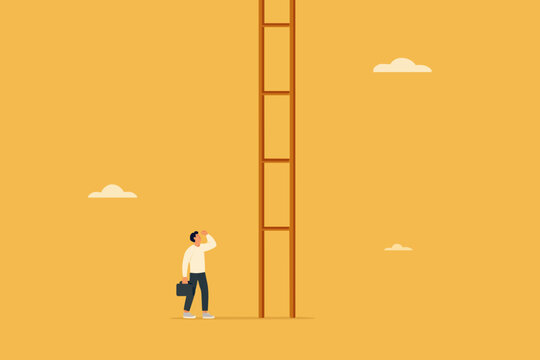 difficult step to take in business success with confused businessman thinking about climbing stairs with steps that are too far apart, taking too big a step concept illustration

