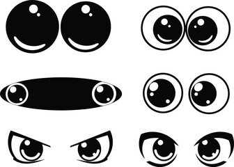 Set of cartoon eyes with different expressions shapes and styles in black and white vector illustration for animation or design projects