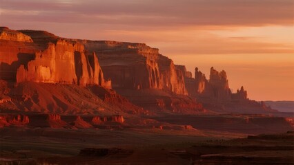 Sunset over a rugged desert canyon with red rock formations and layered cliffs