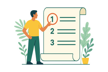 Man pointing at the first item on a large numbered checklist scroll, flat vector illustration