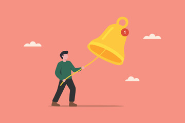 ring a bell, Get reminder notifications for new social media content by ringing the subscription bell, man pulls the notification bell chain to get a reminder concept vector illustration