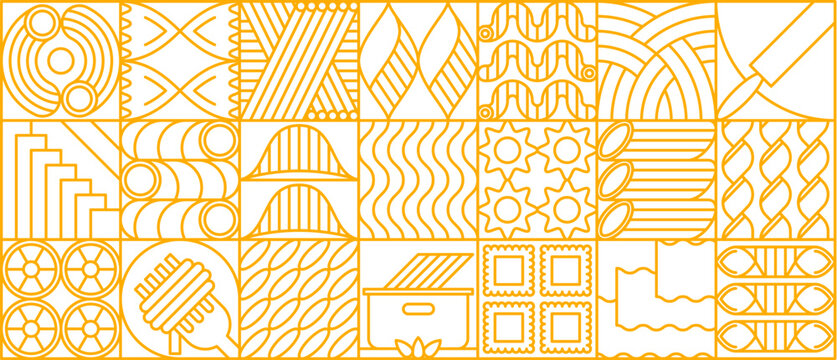 Noodle pasta modern geometric pattern with line vector ornament showing Italian food shapes, pasta forms, noodles and cooking elements arranged in yellow linear grid. Vintage retro linear background