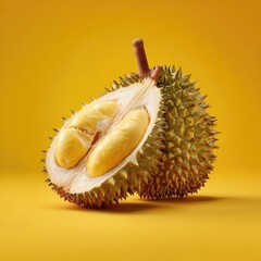 Obraz premium Halved durian fruit on yellow background (2)