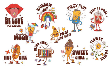 Y2k groovy stickers of soda can, hot dog, pizza, funny popcorn, ice cream, happy rainbow, cocktail, daisy flower, lips and tv characters. Retro cartoon hippie personage patches with vintage 70s vibes