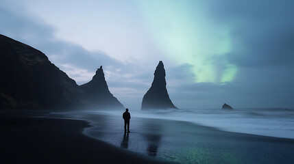Lone figure on a black sand beach under the ethereal glow of the Aurora Borealis, facing towering basalt sea stacks shrouded in mist. A tranquil yet powerful landscape.