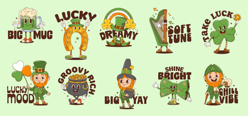 Irish St Patrick day y2k groovy stickers with cartoon cheerful leprechauns, shamrocks, gold coins, beer mug, rainbow and quirky text captions. Vector festive patches for holiday decor and celebrations