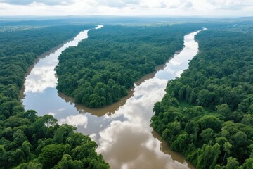 Aerial view of a winding river cutting through dense tropical rainforest