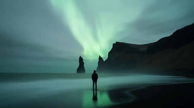 Person on a beach looking at the aurora borealis in the night sky reflecting in the water. Moody and atmospheric scene with rock formations. Dramatic night by the sea. - Powered by Adobe