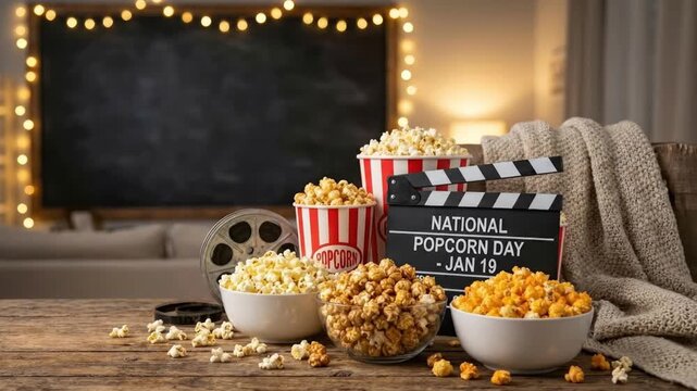 A visually appealing still life setup features a variety of popcorn bowls and tubs arranged on a rustic wooden table, creating a cozy and inviting atmosphere perfect for a home movie experience. Class