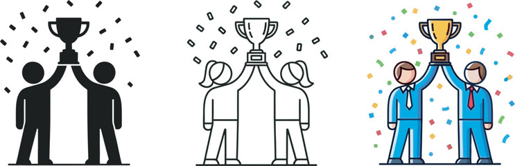 Teamwork and success illustration depicting collaborative achievement with a golden trophy celebration